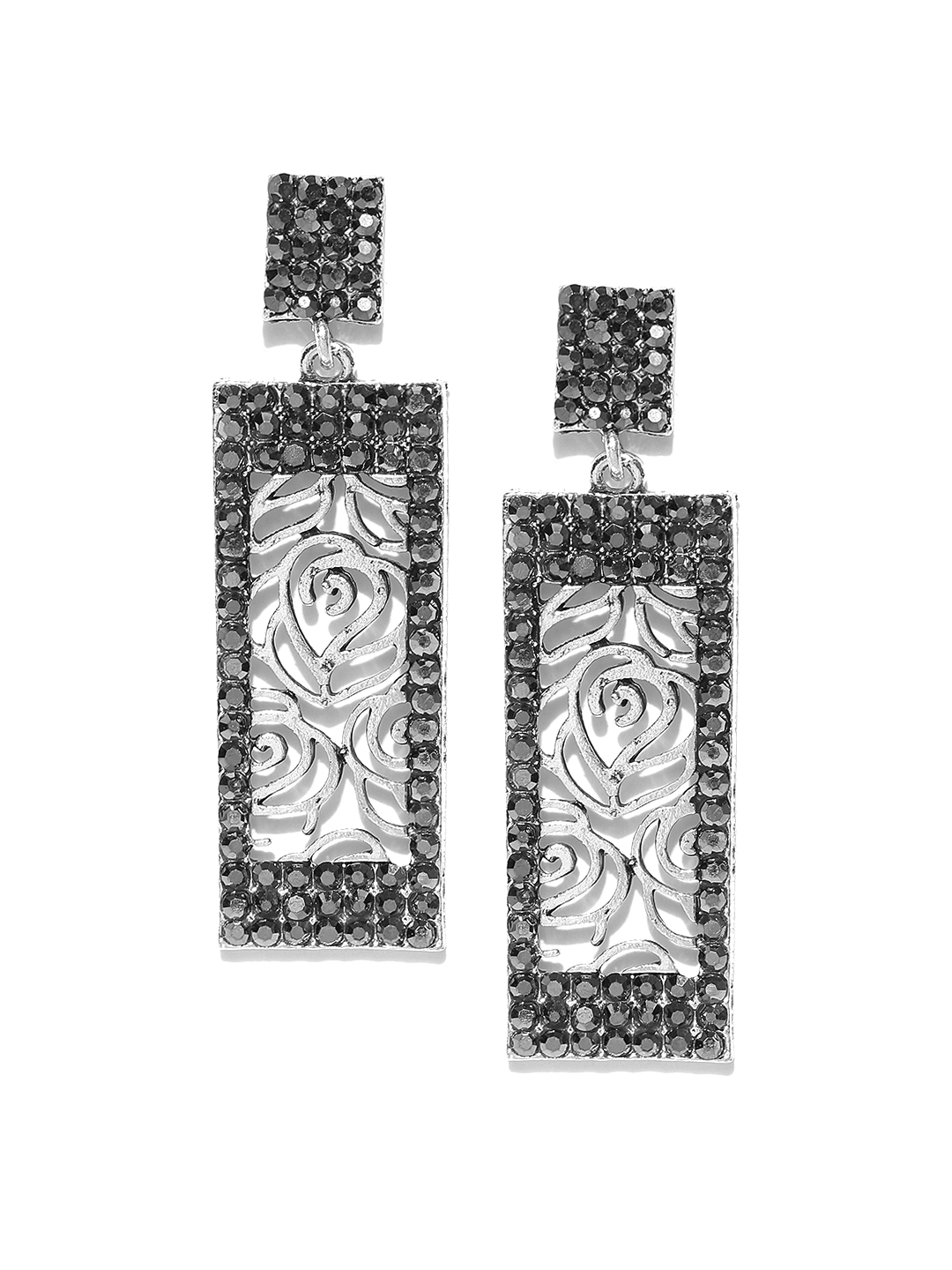 YouBella Oxidised Silver-Toned  Grey Geometric Drop Earrings